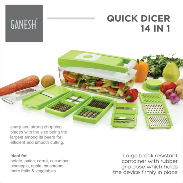 This is a multipurpose Ganesh 14 in 1 vegetable chopper with a break-resistant container, rubber grip base, stainless steel blades, and an easy push to clean button for dicing, grating, peeling, and slicing fruits and vegetables safely and easily.