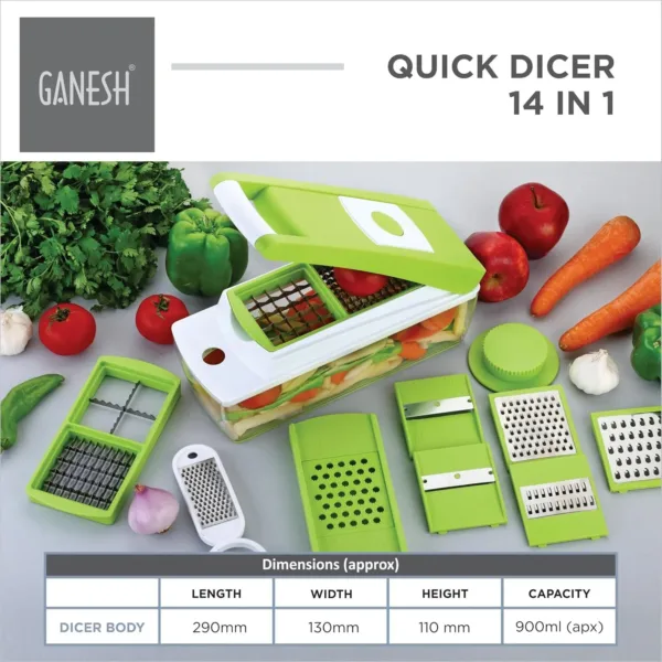This is a multipurpose Ganesh 14 in 1 vegetable chopper with a break-resistant container, rubber grip base, stainless steel blades, and an easy push to clean button for dicing, grating, peeling, and slicing fruits and vegetables safely and easily.