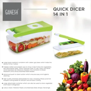 This is a multipurpose Ganesh 14 in 1 vegetable chopper with a break-resistant container, rubber grip base, stainless steel blades, and an easy push to clean button for dicing, grating, peeling, and slicing fruits and vegetables safely and easily.