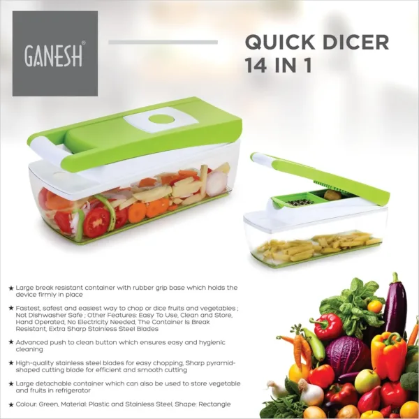 This is a multipurpose Ganesh 14 in 1 vegetable chopper with a break-resistant container, rubber grip base, stainless steel blades, and an easy push to clean button for dicing, grating, peeling, and slicing fruits and vegetables safely and easily.