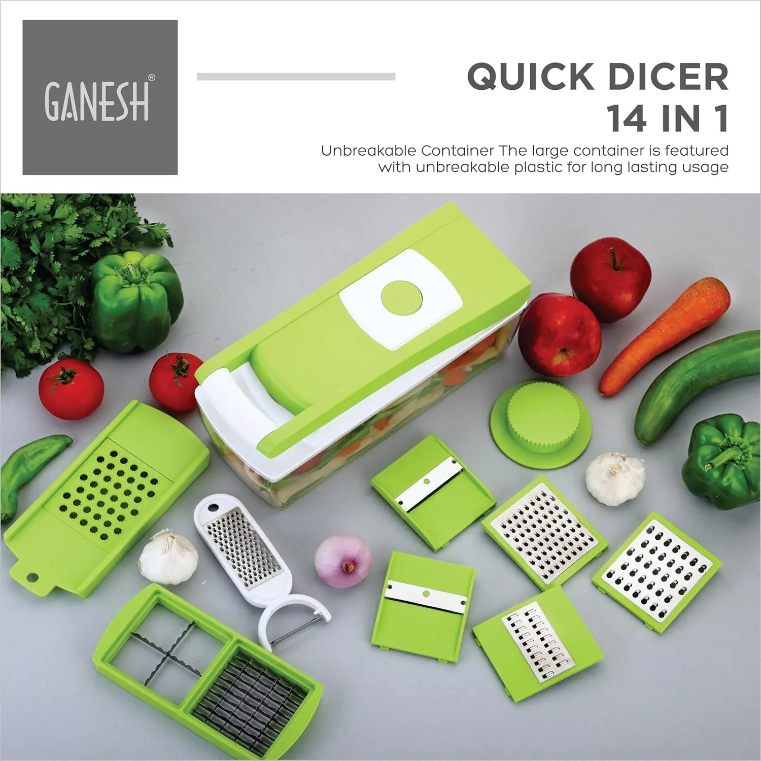 This is a multipurpose Ganesh 14 in 1 vegetable chopper with a break-resistant container, rubber grip base, stainless steel blades, and an easy push to clean button for dicing, grating, peeling, and slicing fruits and vegetables safely and easily.