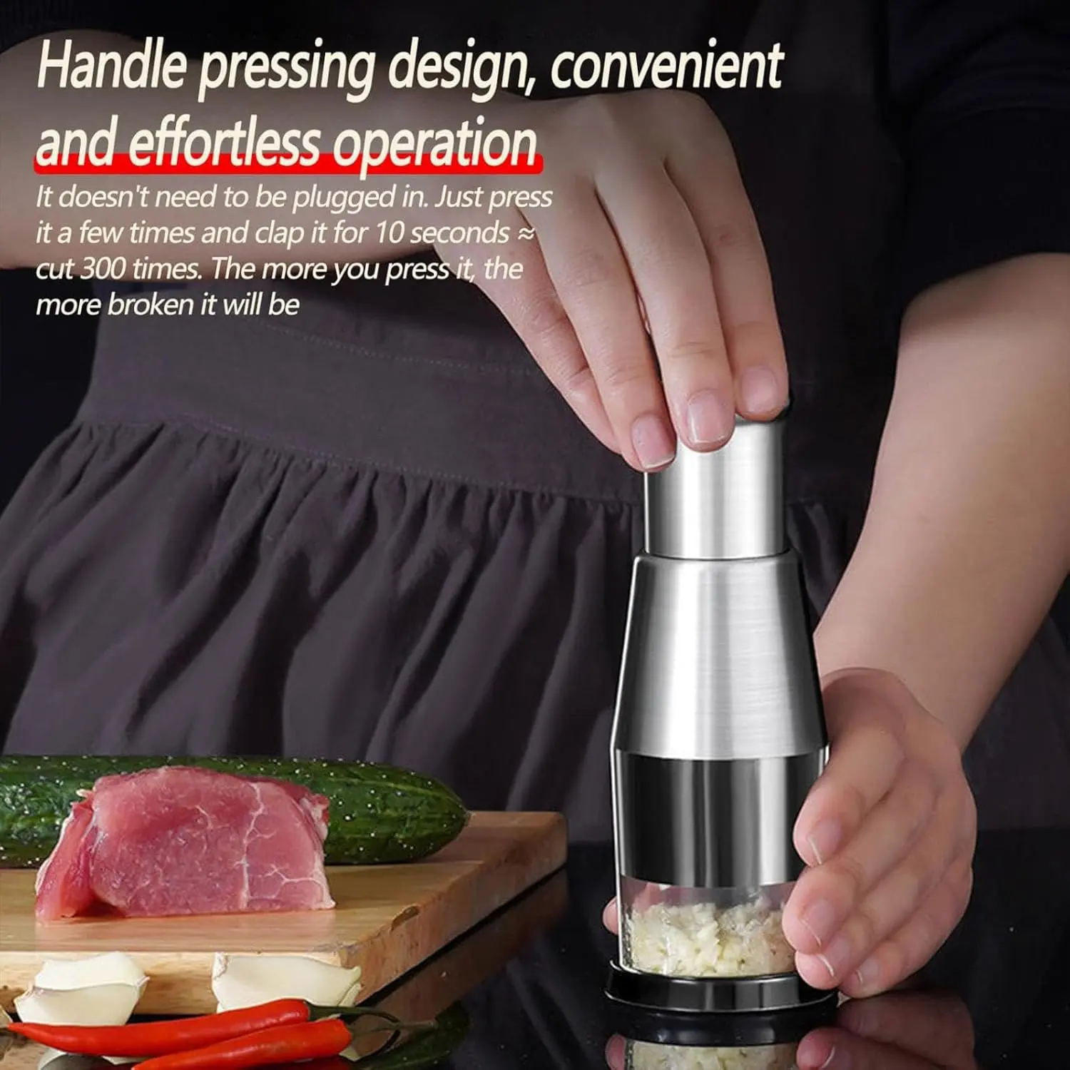 This manual garlic press is made of rust-proof stainless steel and includes a large-capacity garlic cup, blocking cup, and presser for easy mincing of garlic, ginger, and peppers.