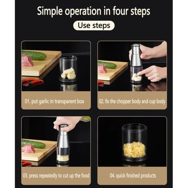 This manual garlic press is made of rust-proof stainless steel and includes a large-capacity garlic cup, blocking cup, and presser for easy mincing of garlic, ginger, and peppers.