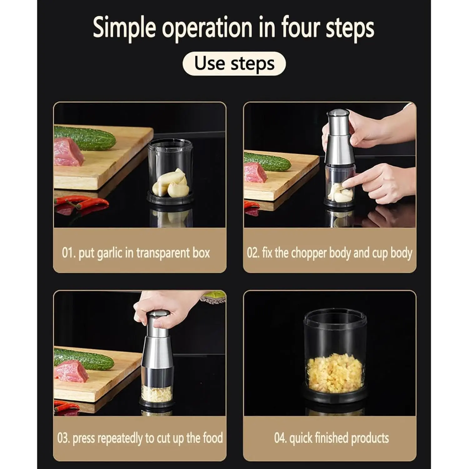 This manual garlic press is made of rust-proof stainless steel and includes a large-capacity garlic cup, blocking cup, and presser for easy mincing of garlic, ginger, and peppers.