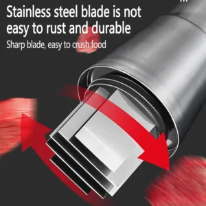 This manual garlic press is made of rust-proof stainless steel and includes a large-capacity garlic cup, blocking cup, and presser for easy mincing of garlic, ginger, and peppers.