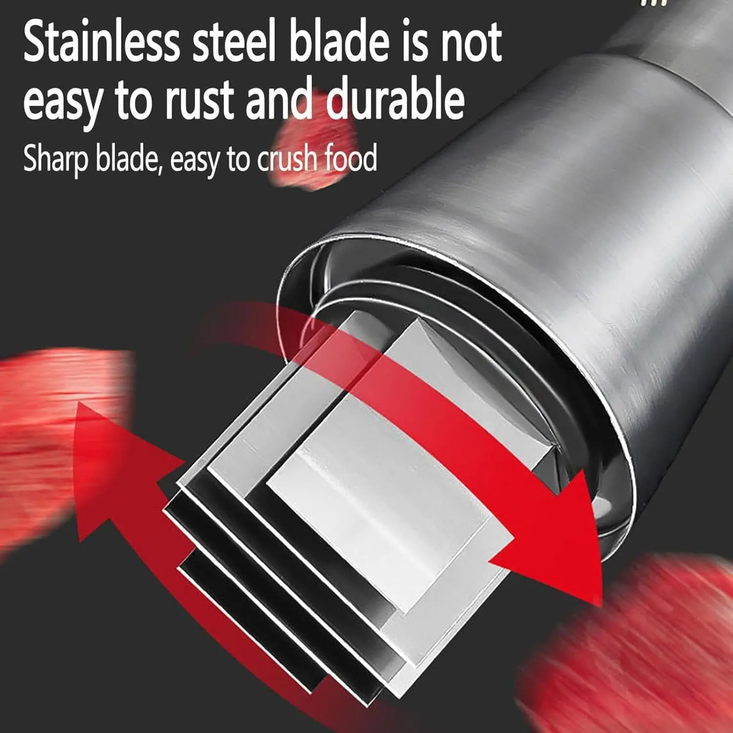 This manual garlic press is made of rust-proof stainless steel and includes a large-capacity garlic cup, blocking cup, and presser for easy mincing of garlic, ginger, and peppers.