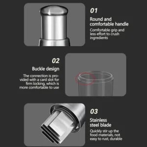 This manual garlic press is made of rust-proof stainless steel and includes a large-capacity garlic cup, blocking cup, and presser for easy mincing of garlic, ginger, and peppers.