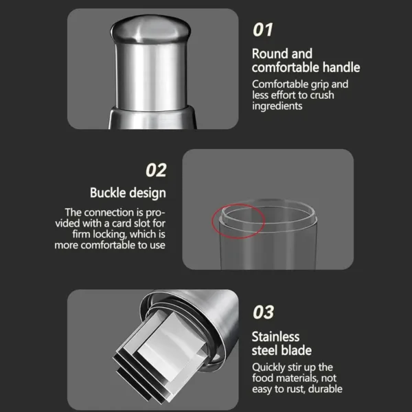 This manual garlic press is made of rust-proof stainless steel and includes a large-capacity garlic cup, blocking cup, and presser for easy mincing of garlic, ginger, and peppers.