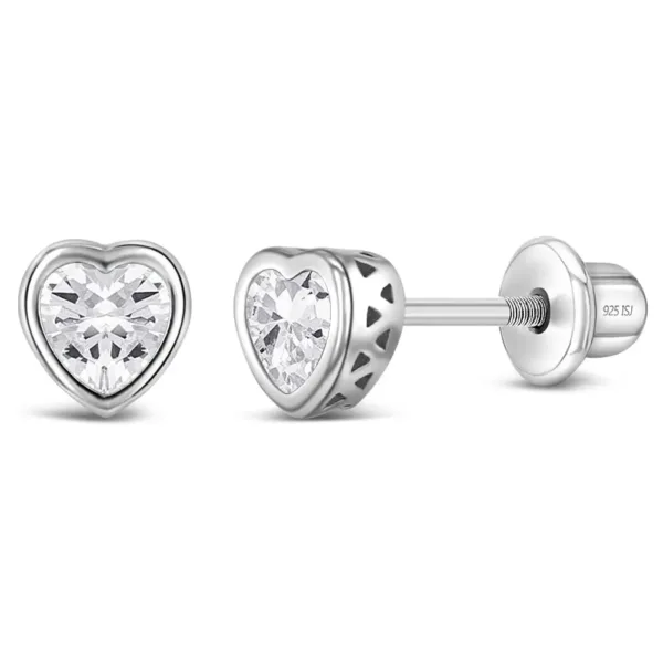 These are sparkly and safe heart-shaped earrings for little girls, made of hypoallergenic sterling silver with a cubic zirconia stone and secure screw-back closures, perfect as an April birthstone gift.