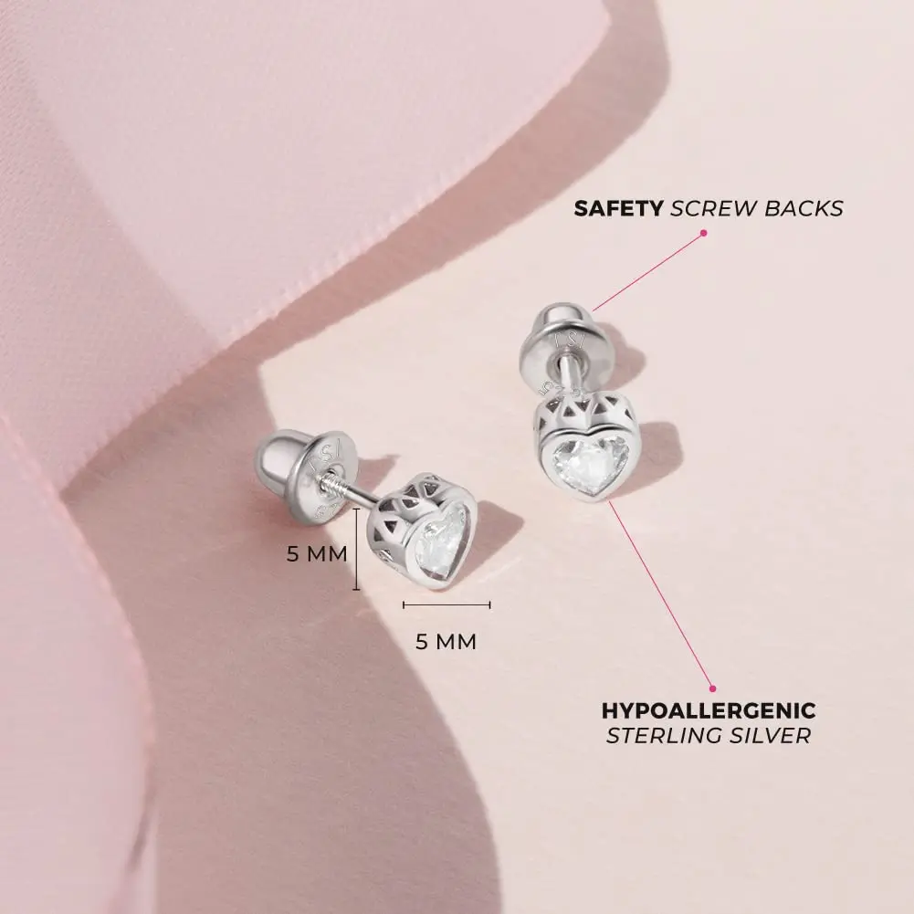 Fashion Attitude .925 Sterling Silver CZ Screw Back Stud Earrings Baby Kids Love Heart