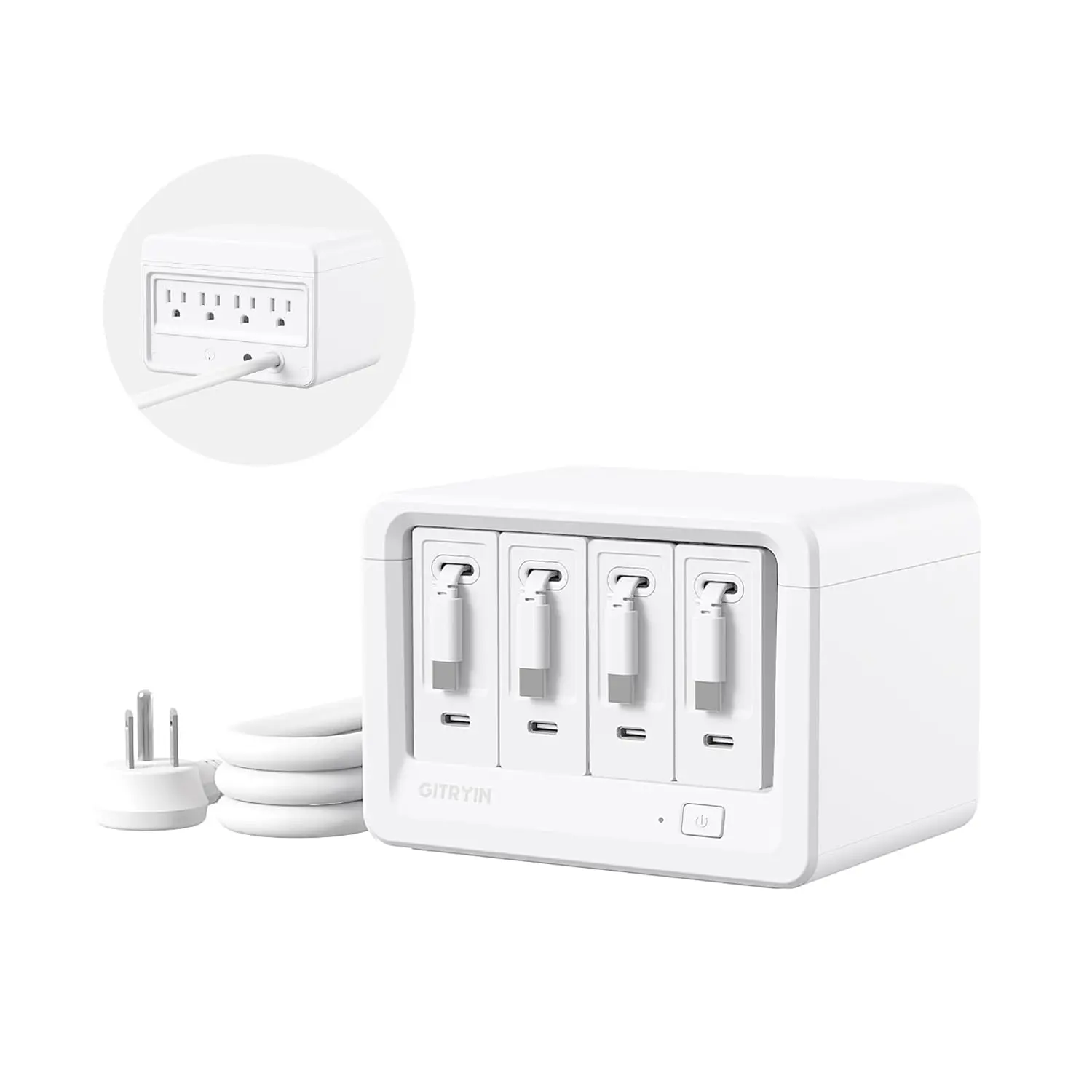 The Gitryin 12-in-1 desktop charger is a fast charging station with four retractable chargers, made of plastic and designed to charge multiple devices.