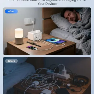 The Gitryin 12-in-1 desktop charger is a fast charging station with four retractable chargers, made of plastic and designed to charge multiple devices.