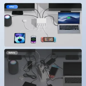 The Gitryin 12-in-1 desktop charger is a fast charging station with four retractable chargers, made of plastic and designed to charge multiple devices.