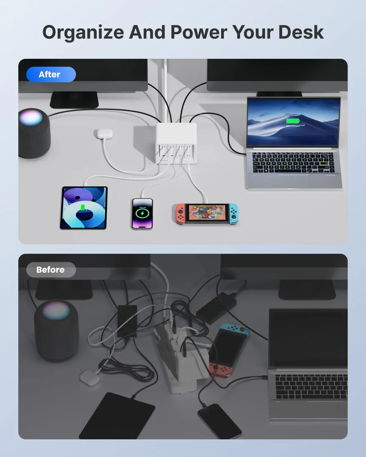 The Gitryin 12-in-1 desktop charger is a fast charging station with four retractable chargers, made of plastic and designed to charge multiple devices.