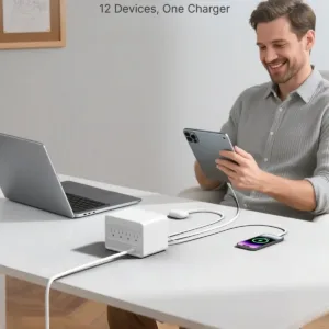 The Gitryin 12-in-1 desktop charger is a fast charging station with four retractable chargers, made of plastic and designed to charge multiple devices.