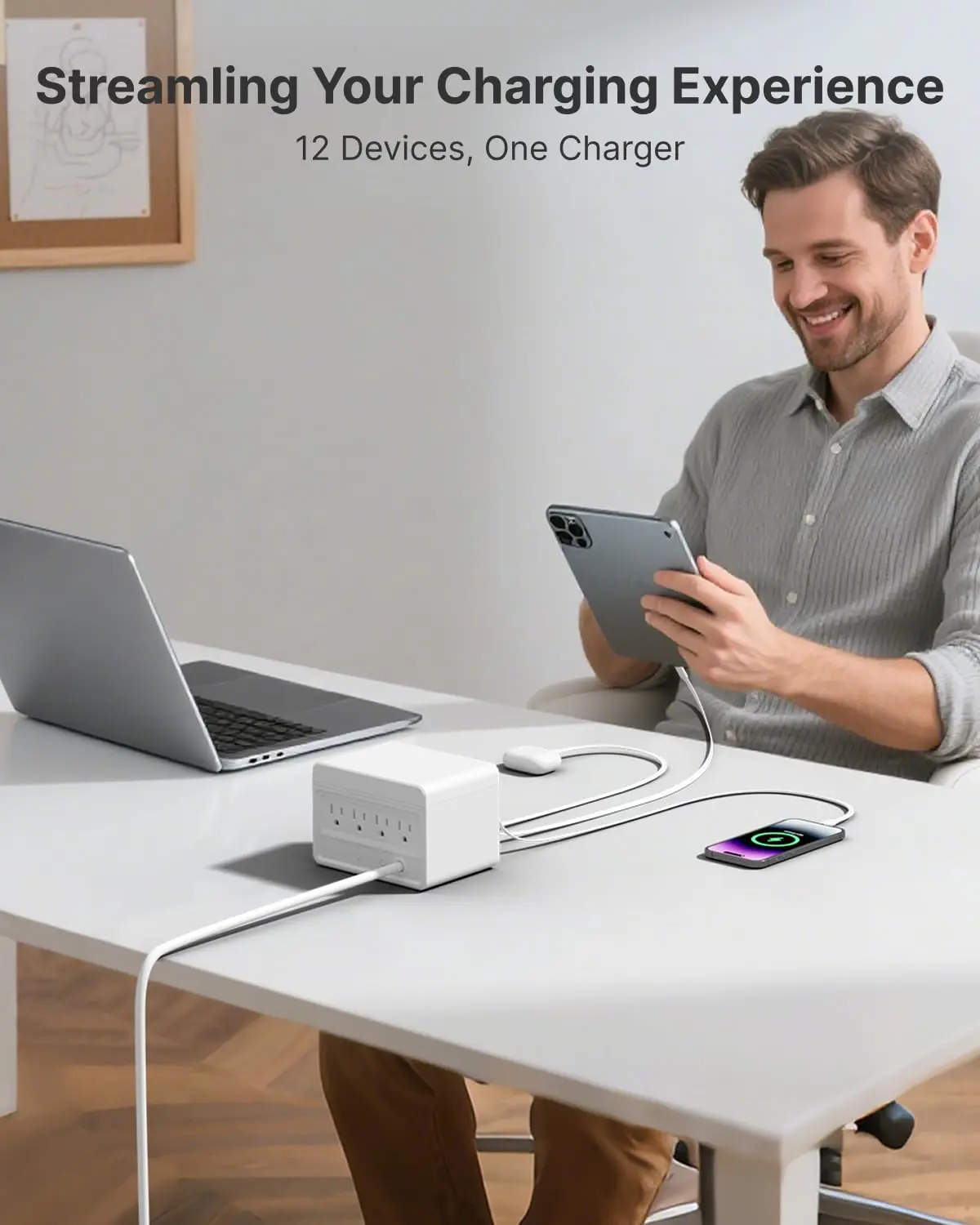 The Gitryin 12-in-1 desktop charger is a fast charging station with four retractable chargers, made of plastic and designed to charge multiple devices.