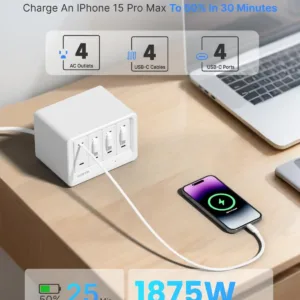 The Gitryin 12-in-1 desktop charger is a fast charging station with four retractable chargers, made of plastic and designed to charge multiple devices.