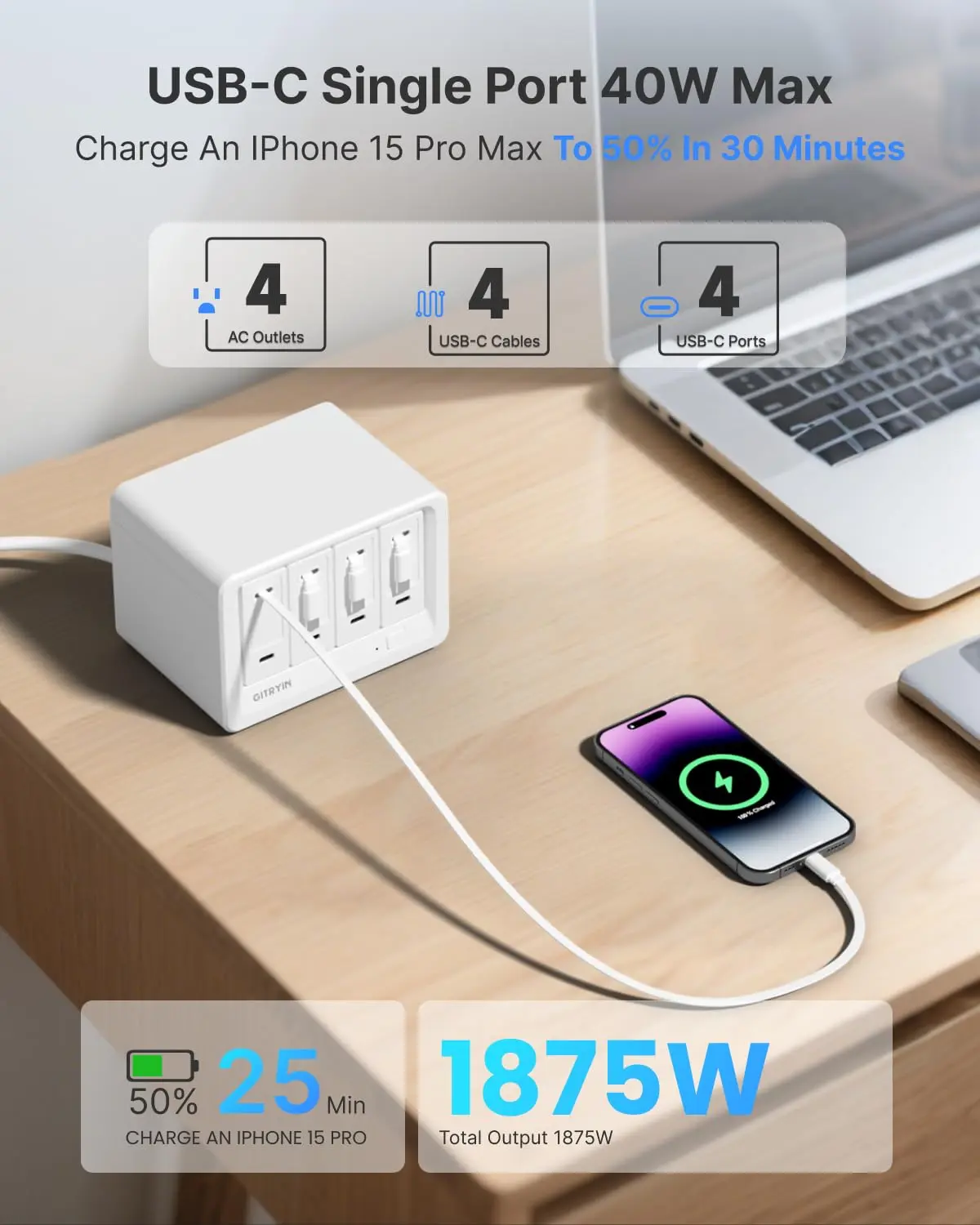 The Gitryin 12-in-1 desktop charger is a fast charging station with four retractable chargers, made of plastic and designed to charge multiple devices.