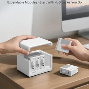 The Gitryin 12-in-1 desktop charger is a fast charging station with four retractable chargers, made of plastic and designed to charge multiple devices.