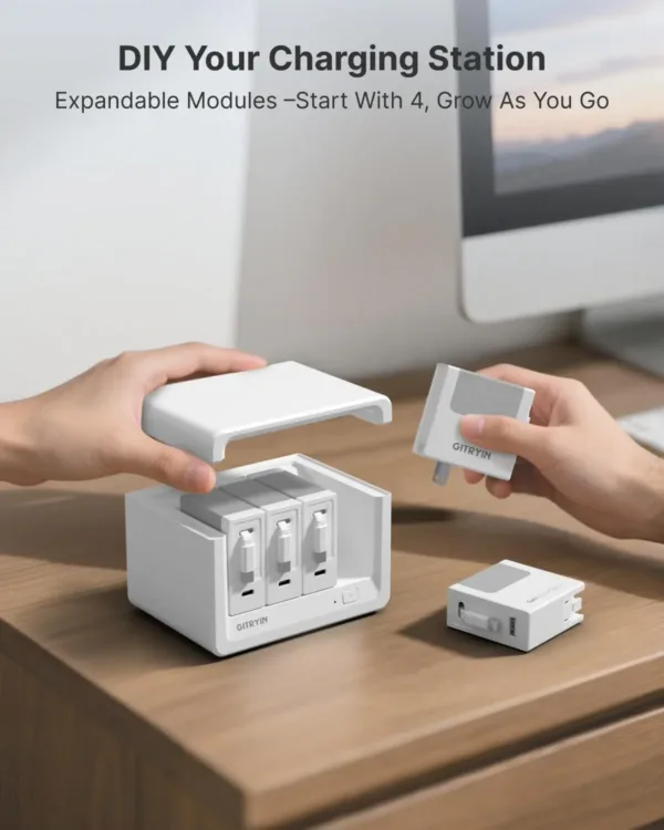 The Gitryin 12-in-1 desktop charger is a fast charging station with four retractable chargers, made of plastic and designed to charge multiple devices.