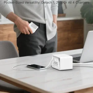 The Gitryin 12-in-1 desktop charger is a fast charging station with four retractable chargers, made of plastic and designed to charge multiple devices.