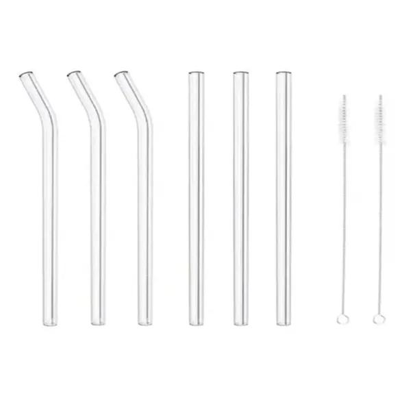This set includes six transparent, reusable glass straws in straight and curved shapes, plus two cleaning brushes for easy maintenance, perfect for enjoying smoothies, milkshakes, and other drinks.