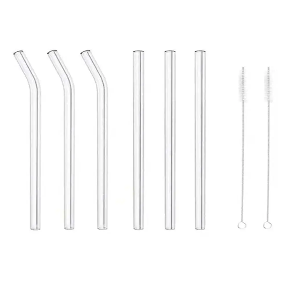This set includes six transparent, reusable glass straws in straight and curved shapes, plus two cleaning brushes for easy maintenance, perfect for enjoying smoothies, milkshakes, and other drinks.