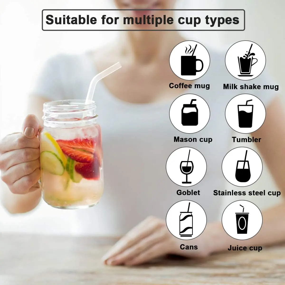 This set includes six transparent, reusable glass straws in straight and curved shapes, plus two cleaning brushes for easy maintenance, perfect for enjoying smoothies, milkshakes, and other drinks.