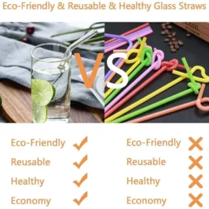This set includes six transparent, reusable glass straws in straight and curved shapes, plus two cleaning brushes for easy maintenance, perfect for enjoying smoothies, milkshakes, and other drinks.