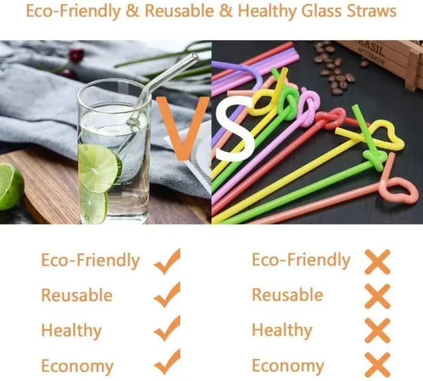 This set includes six transparent, reusable glass straws in straight and curved shapes, plus two cleaning brushes for easy maintenance, perfect for enjoying smoothies, milkshakes, and other drinks.