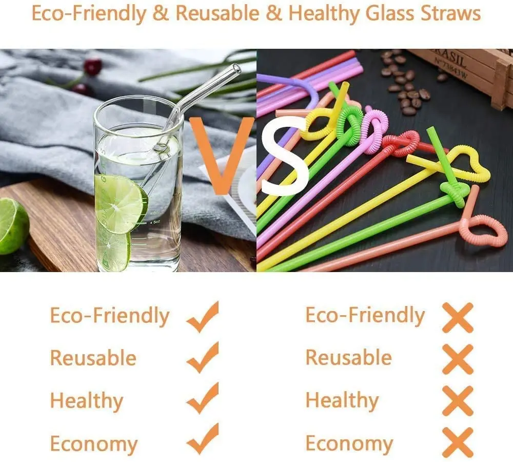 This set includes six transparent, reusable glass straws in straight and curved shapes, plus two cleaning brushes for easy maintenance, perfect for enjoying smoothies, milkshakes, and other drinks.