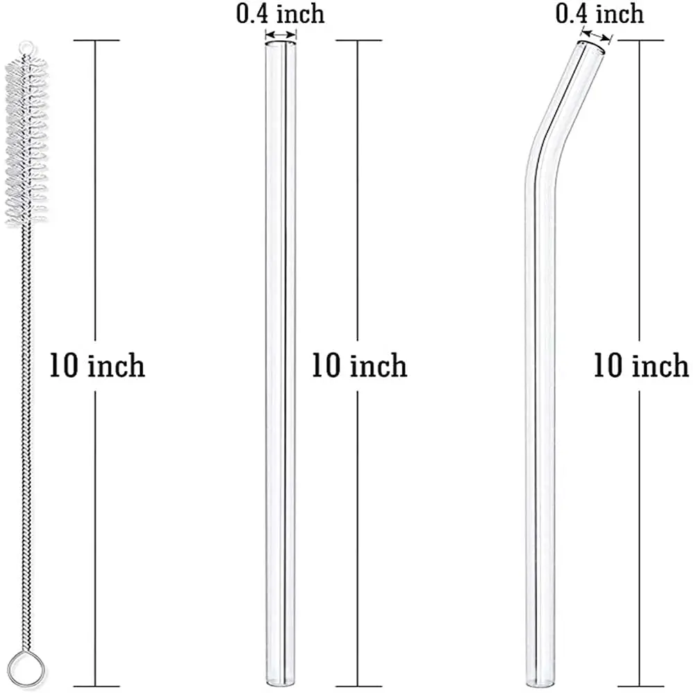 This set includes six transparent, reusable glass straws in straight and curved shapes, plus two cleaning brushes for easy maintenance, perfect for enjoying smoothies, milkshakes, and other drinks.