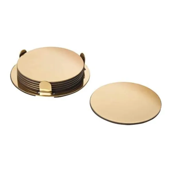 This 6-pack of Glattis brass-colored coasters comes with a holder and features stainless steel and EVA plastic construction to protect your table from spills and scratches.