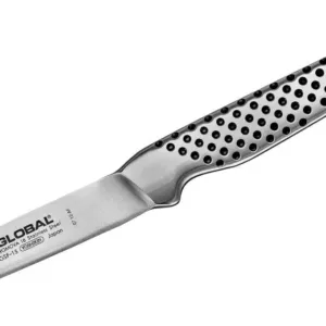 This is a Global paring knife with an 8cm stainless steel blade and a dimpled, ergonomic handle, handcrafted in Japan for excellent balance and precision.
