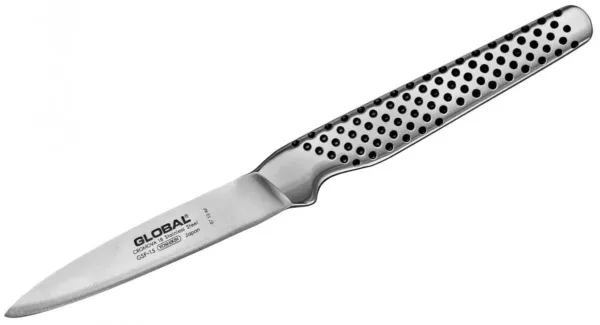This is a Global paring knife with an 8cm stainless steel blade and a dimpled, ergonomic handle, handcrafted in Japan for excellent balance and precision.
