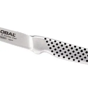 This is a Global paring knife with an 8cm stainless steel blade and a dimpled, ergonomic handle, handcrafted in Japan for excellent balance and precision.