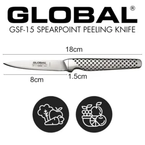 This is a Global paring knife with an 8cm stainless steel blade and a dimpled, ergonomic handle, handcrafted in Japan for excellent balance and precision.