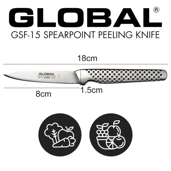 This is a Global paring knife with an 8cm stainless steel blade and a dimpled, ergonomic handle, handcrafted in Japan for excellent balance and precision.