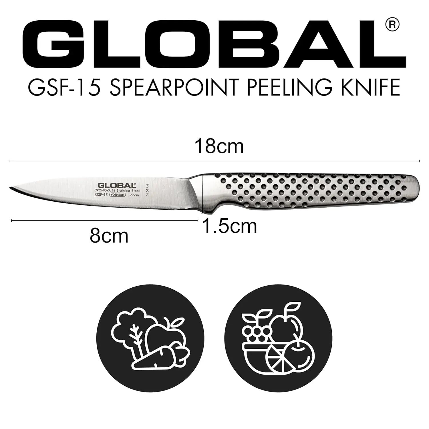 This is a Global paring knife with an 8cm stainless steel blade and a dimpled, ergonomic handle, handcrafted in Japan for excellent balance and precision.