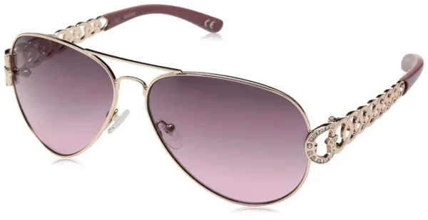 These GUESS women's metal aviator sunglasses offer 100% UV protection and include a case for storage.