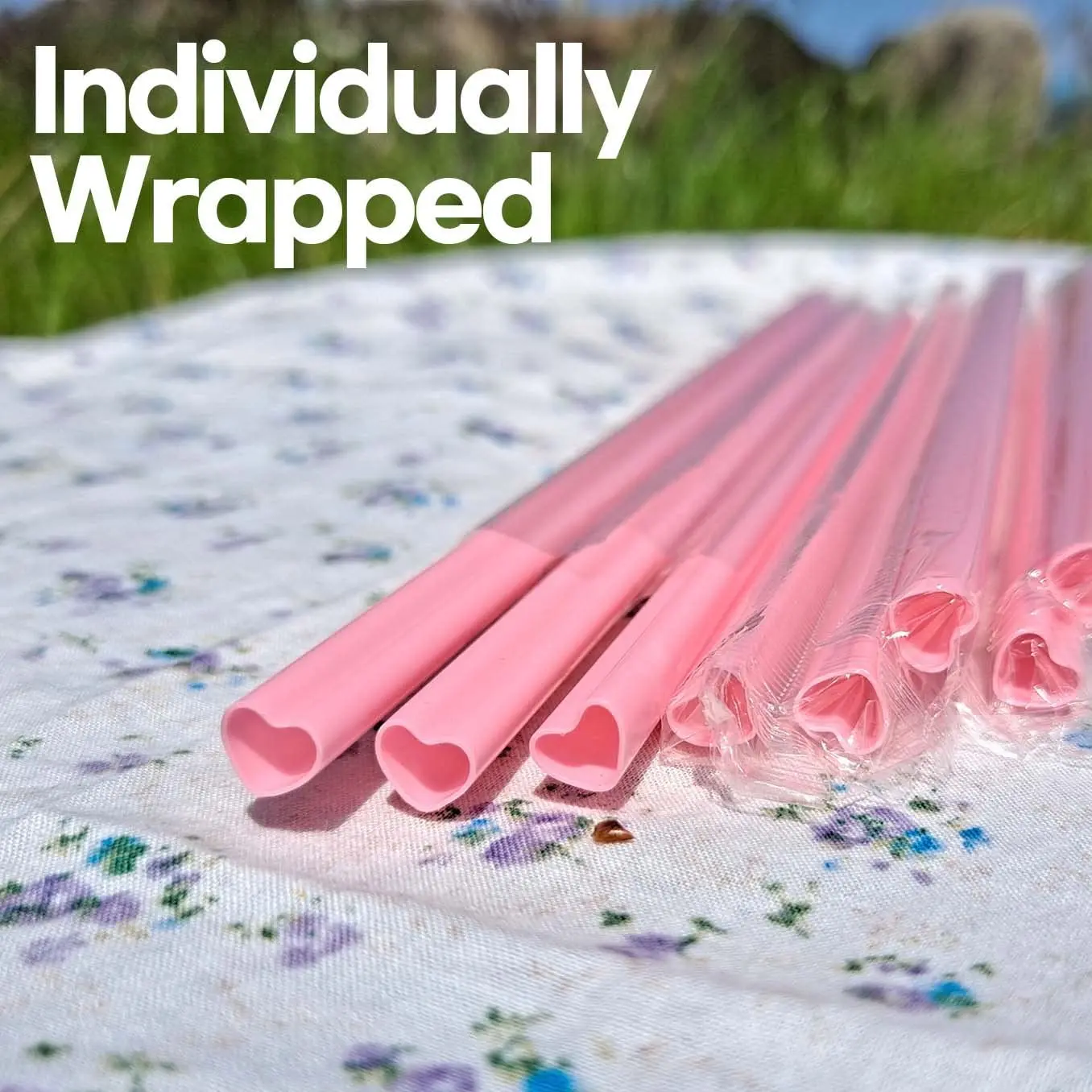 This set of 100 individually wrapped, disposable, heart-shaped pink plastic straws adds a touch of lovely, bright mood to daily drinks, parties, celebrations, picnics, and bridal showers.