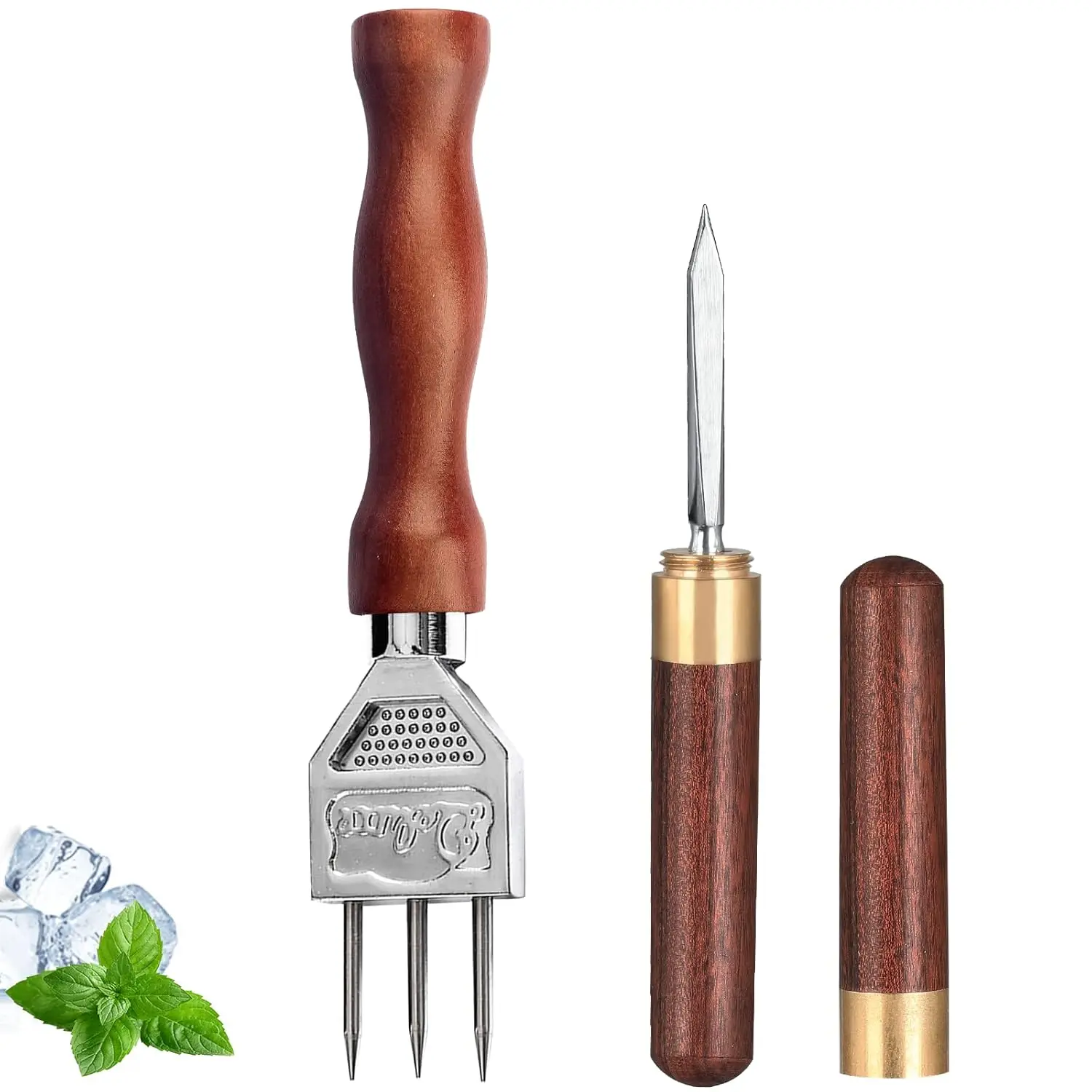 This three-pronged ice pick is made of stainless steel with a wooden handle and is a durable carving tool for bartenders to create ice chunks for chilling drinks.