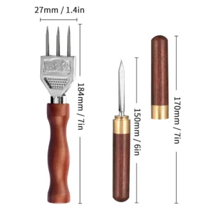 This three-pronged ice pick is made of stainless steel with a wooden handle and is a durable carving tool for bartenders to create ice chunks for chilling drinks.