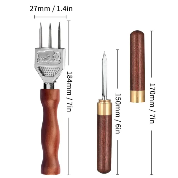 This three-pronged ice pick is made of stainless steel with a wooden handle and is a durable carving tool for bartenders to create ice chunks for chilling drinks.