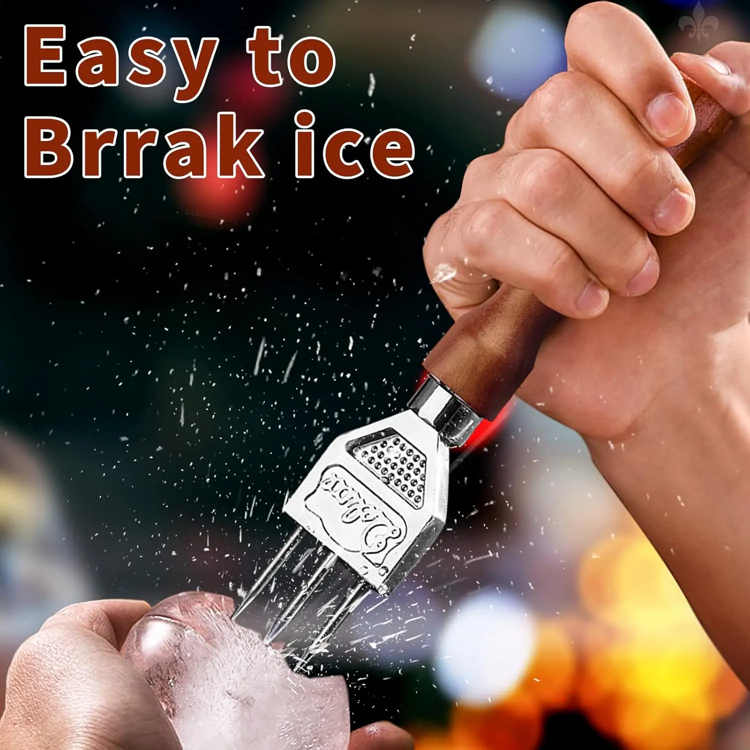 This three-pronged ice pick is made of stainless steel with a wooden handle and is a durable carving tool for bartenders to create ice chunks for chilling drinks.
