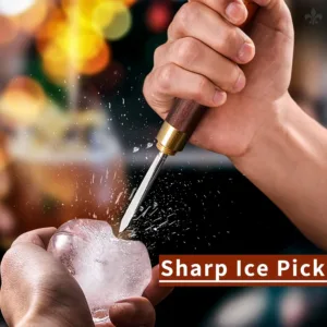 This three-pronged ice pick is made of stainless steel with a wooden handle and is a durable carving tool for bartenders to create ice chunks for chilling drinks.