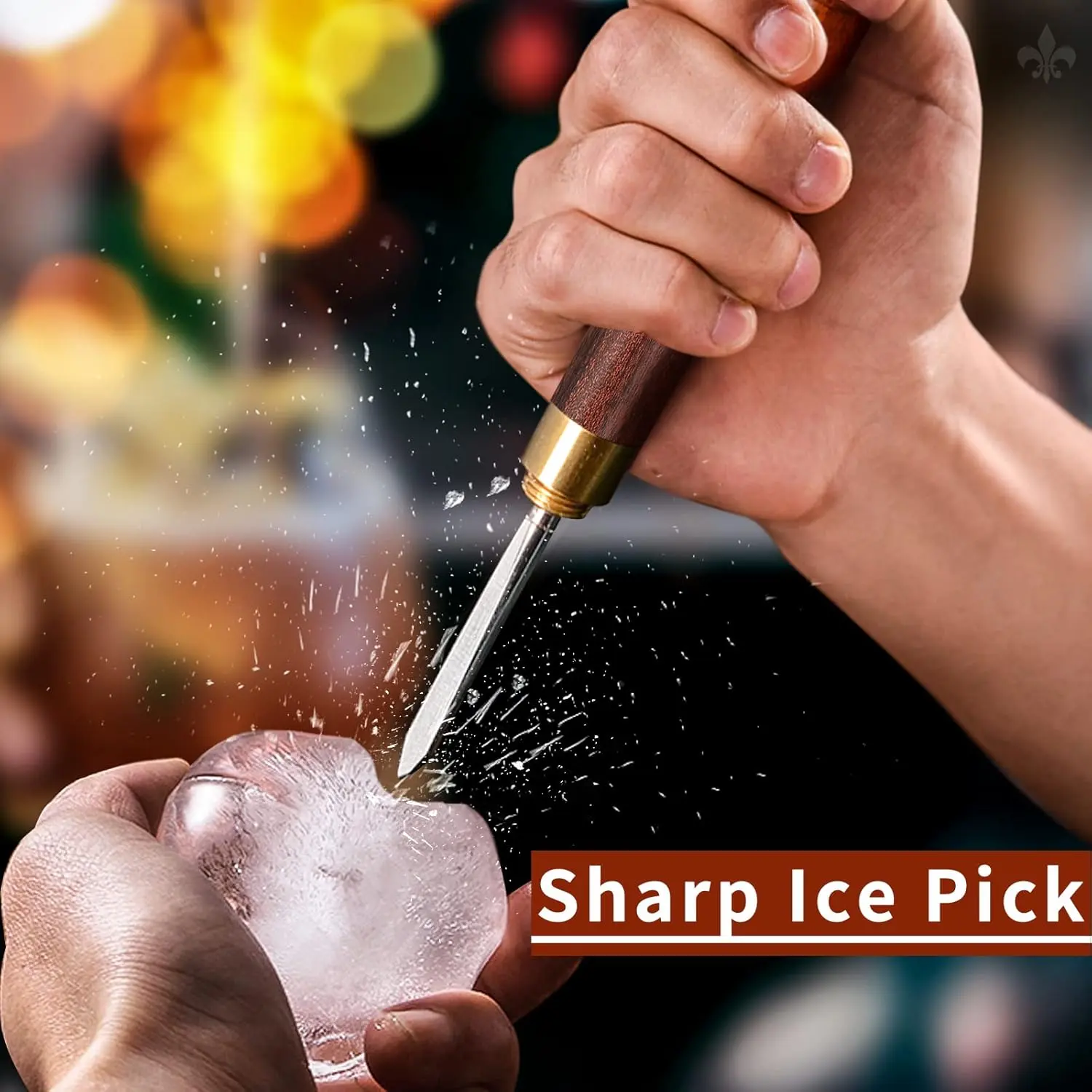 This three-pronged ice pick is made of stainless steel with a wooden handle and is a durable carving tool for bartenders to create ice chunks for chilling drinks.