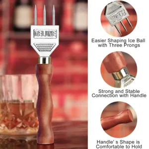 This three-pronged ice pick is made of stainless steel with a wooden handle and is a durable carving tool for bartenders to create ice chunks for chilling drinks.