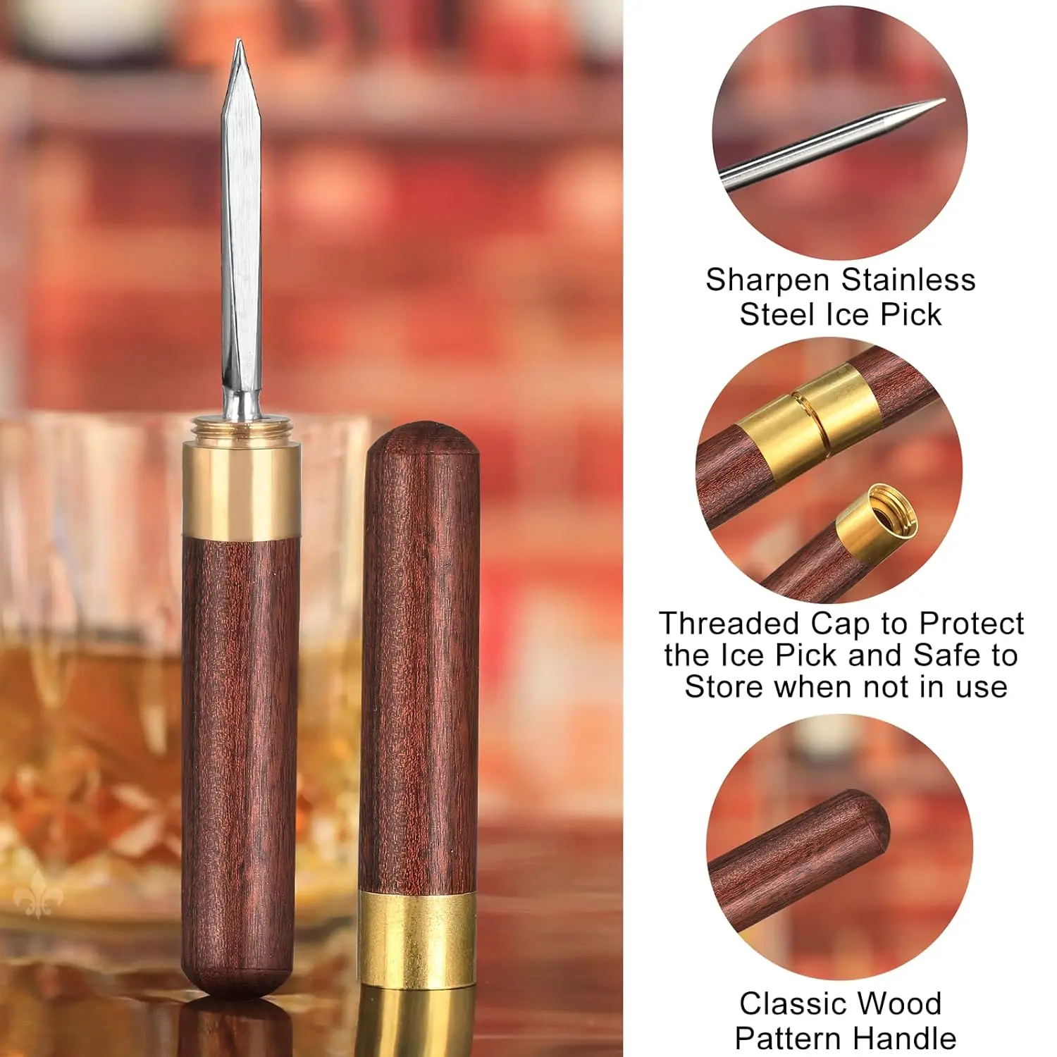 This three-pronged ice pick is made of stainless steel with a wooden handle and is a durable carving tool for bartenders to create ice chunks for chilling drinks.