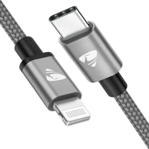 This is a durable and fast charging USB C to Lightning cable compatible with various iPhone models including iPhone 14, 13, 12, and 11 series, as well as iPads.